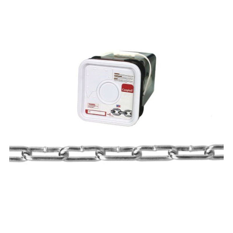 CAMPBELL 0332426 Coil Chain, #2/0 Trade, 225 ft L, 520 lb Load, Low Carbon Steel, Zinc-Plated