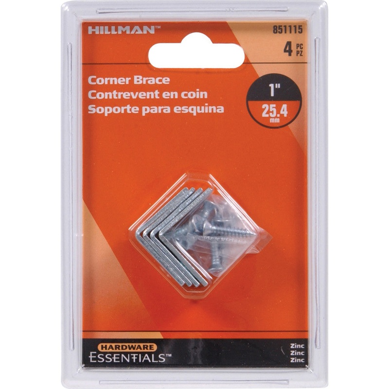 HARDWARE ESSENTIALS 851115 Corner Brace, 1 in L, 1/2 in W, Steel, Zinc-Plated