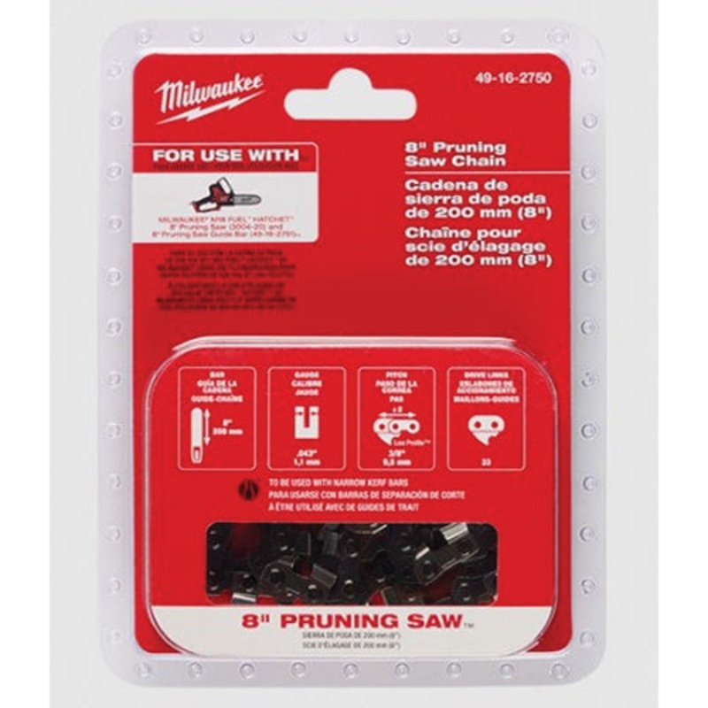 Milwaukee 49-16-2750 Pruning Saw Chain, 8 in L, 0.043 in, 11/64 in File, 3/8 in Pitch, Steel