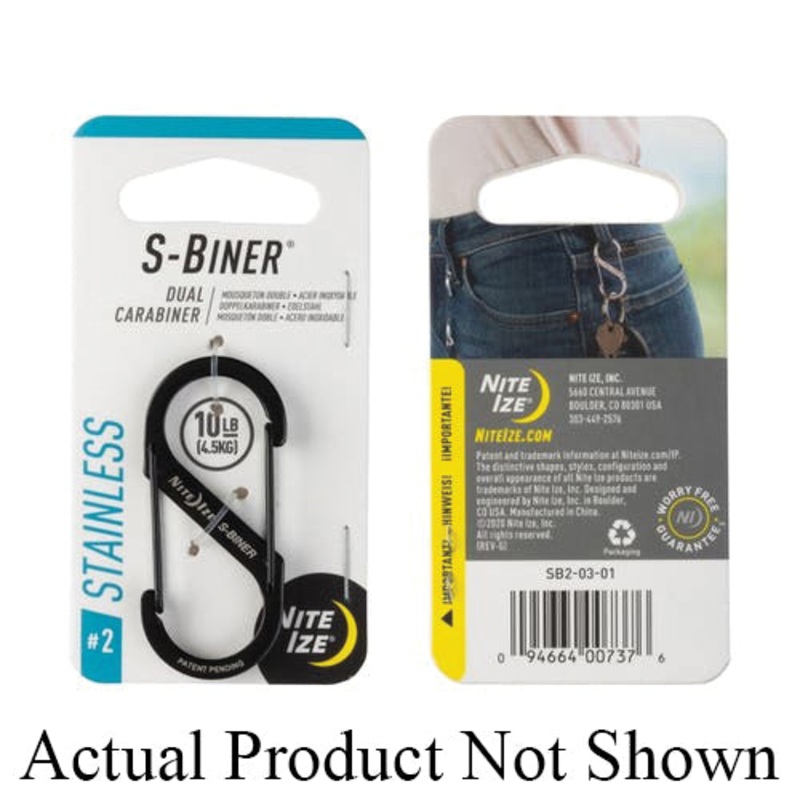 NITE IZE S-Biner SB2-03-01 Dual Carabiner, 1.9 in OAL, #2 Dia Ring, Stainless Steel, Black