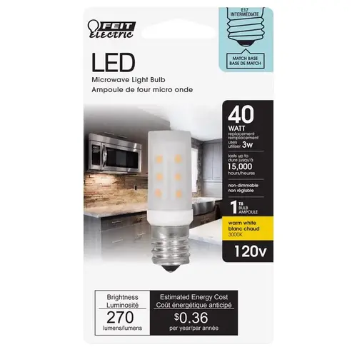 Feit Electric BP40T8N/SU/LED Microwave LED Bulb, Linear, T8 Lamp, 40 W Equivalent, E17 Lamp Base, Warm White Light Clear