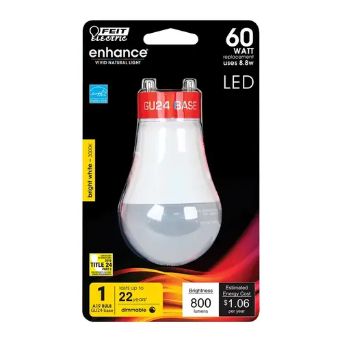 Feit Electric BPOM60DM930CAGU 24 LED Bulb, General Purpose, A19 Lamp, 60 W Equivalent, GU24 Lamp Base, Dimmable White