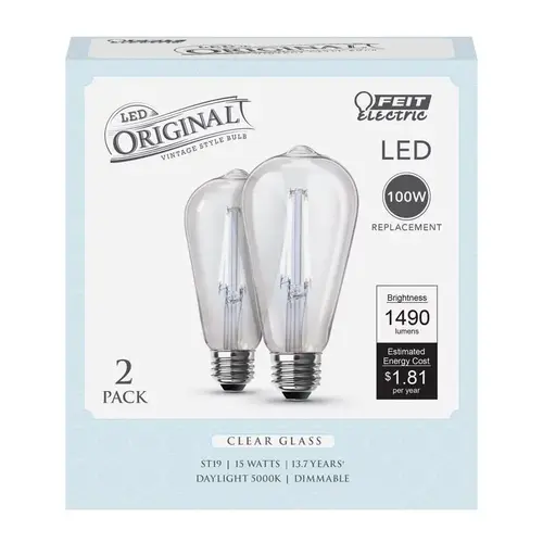 Feit Electric ST19100CL950CA2 Filament LED Bulb ST19 E26 (Medium) Daylight 100 W Clear Pair