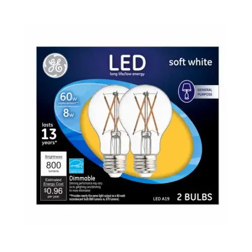 GE Lighting 93098656 LED Light Bulbs, Soft White Clear, 8-Watts, 800 Lumens Pair