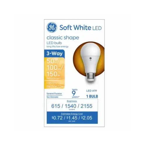 GE Lighting 93130566 LED Bulb, 3-Way, A19 Lamp, 50/100/150 W Equivalent, Medium Lamp Base, Soft White Light, 2700 K Color Temp