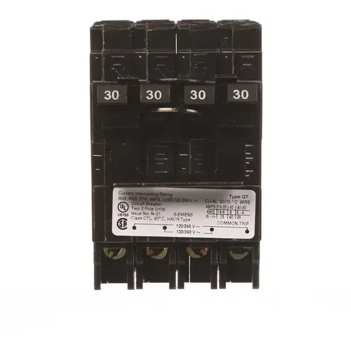 Siemens Q23030CT2 Quadplex 1-Outer 30 Amp Double-Pole and 1-Inner 30 Amp Double-Pole Circuit Breaker Black