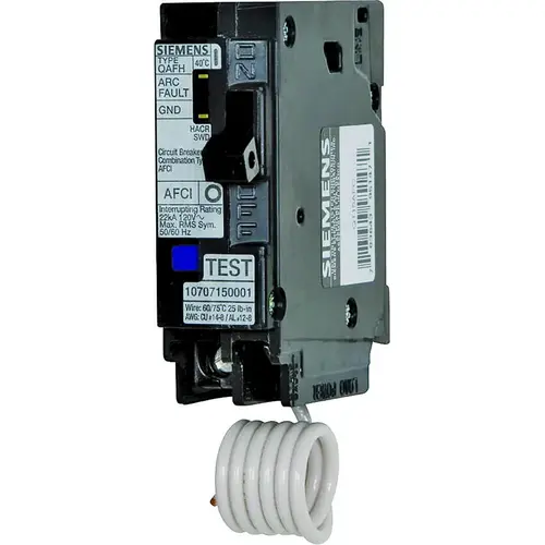 Siemens QA120AFC Circuit Breaker, AFCI, Combination, 20 A, 1 -Pole, 120/240 V, Fixed Trip, Plug Mounting Black