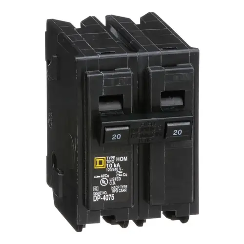 Square D HOM220CP Homeline Circuit Breaker, Mini, 20 A, 2 -Pole, 120/240 V, Fixed Trip, Plug Mounting, Black