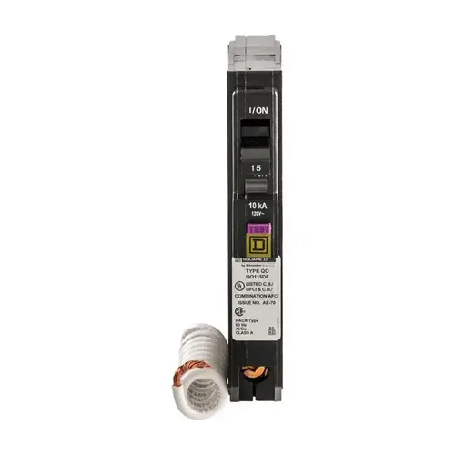 Square D QO115DFC Circuit Breaker, CAFCI, Mini, 15 A, 1 -Pole, 120 V, Plug Mounting