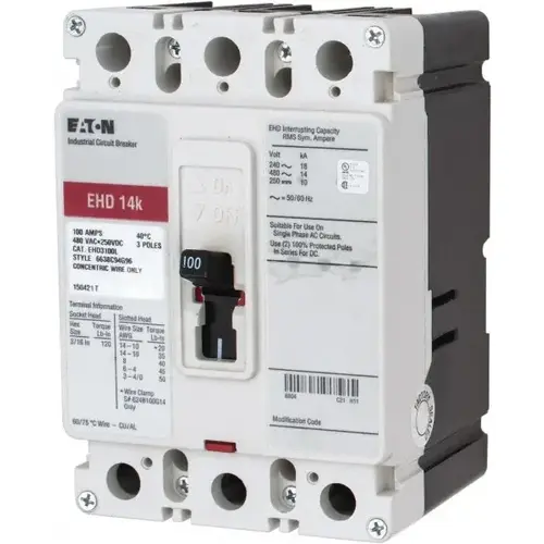 Eaton Corp Cutler Hammer EHD3100L 100 Amp, 250 VDC, 480 VAC, 3 Pole, Molded Case Circuit Breaker