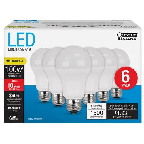 Feit Electric A160085010KLED6 LED Bulb A19 E26 (Medium) Daylight 100 Watt Equivalence White