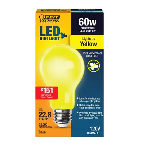 Feit Electric A19/BUG/LED/BX LED Light Bulb A19 E26 (Medium) Yellow 60 Watt Equivalence Clear