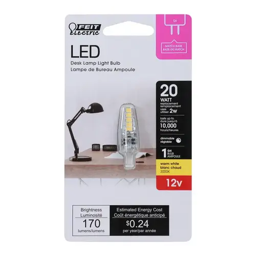 Feit Electric BP20G4/830/LED LED Bulb, Specialty, T4 Lamp, 20 W Equivalent, G4 Lamp Base, Dimmable, Warm White Light Clear