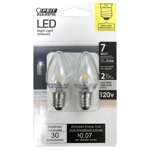 Feit Electric BPC7/LED LED Lamp, Decorative, C7 Lamp, E12 Lamp Base, Clear, White Light, 3500 K Color Temp Pair