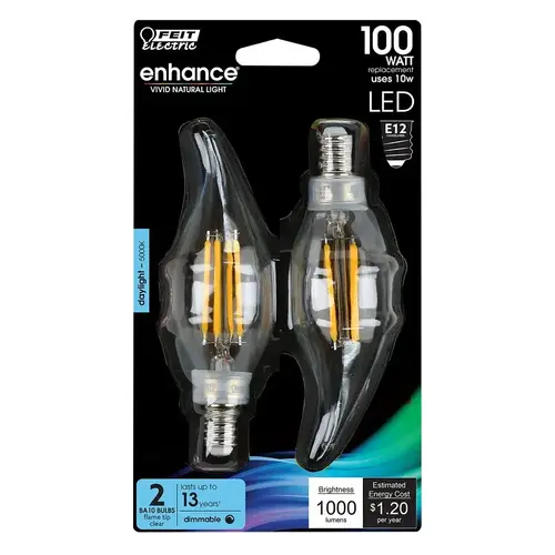 Feit Electric BPCFC100950CAFIL/ 2 LED Light Bulb, Bent Tip Lamp, 100 W Equivalent, E12 Candelabra Lamp Base, Dimmable - pack of 2