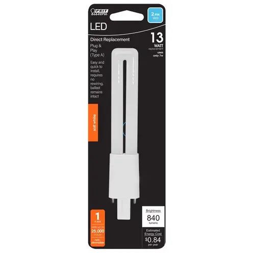 Feit Electric BPPL13827LEG2HD LED Tube Light Linear PL GX23 Soft White 13 Watt Equivalence White