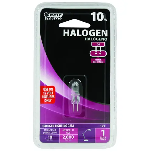 Feit Electric BPQ10T3/RP BPQ10T3 Halogen Bulb, 10 W, G4 Lamp Base, JC T3 Lamp, 3000 K Color Temp, 2000 hr Average Life Clear