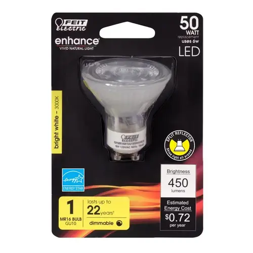 Feit Electric MR16IFG105930CA LED Bulb Enhance MR16 GU10 Bright White 50 Watt Equivalence Clear
