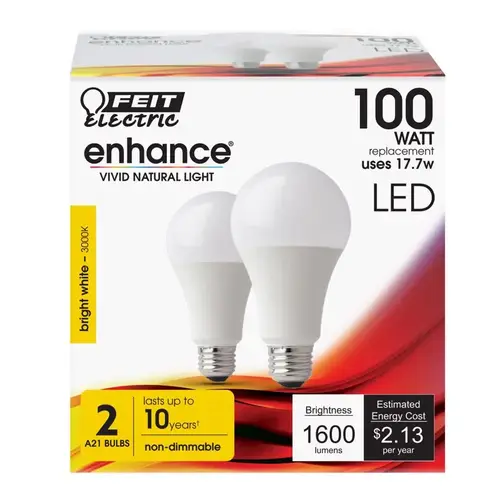 Feit Electric OM100/930CA10K2 LED Bulb, General Purpose, A21 Lamp, 100 W Equivalent, E26 Lamp Base, Bright White Light Pair Clear