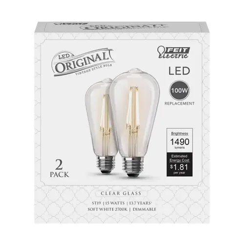 Feit Electric ST19100CL927CA2 Filament LED Bulb ST19 E26 (Medium) Soft White 100 W Clear Pair