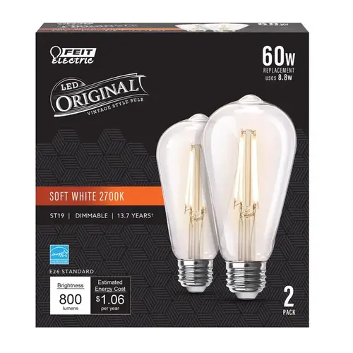 Feit Electric ST1960/CL927CA2 Filament LED Bulb ST19 E26 (Medium) Soft White 60 W Clear Pair