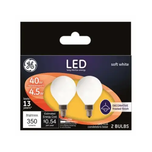 GE 25046 LED Bulb G16 E12 (Candelabra) Soft White 40 W Frosted Pair
