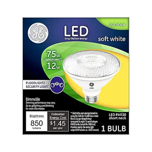 GE 38443 Replacement LED Bulb, Flood, Spotlight, PAR30 Lamp, 75 W Equivalent, E26 Lamp Base, Dimmable, Clear