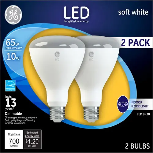GE 40918 LED Floodlight Bulb BR30 E26 (Medium) Soft White 65 Watt Equivalence Frosted Pair