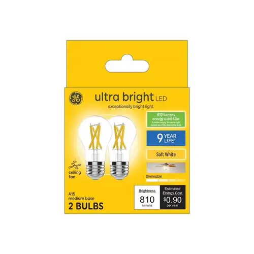 GE 93121709 LED Light Bulb Ultra Bright A15 E26 (Medium) Soft White 100 Watt Equivalence Clear Pair