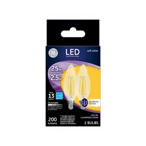GE Lighting 22560 Decorative LED Light Bulbs, Candelabra Base, Soft White, Clear, 200 Lumens, 2.5-Watts Pair