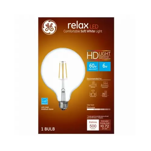 GE Lighting 93116239 LED Relax Globe Light Bulb, G40, Clear Soft White, 500 Lumens, 6-Watts