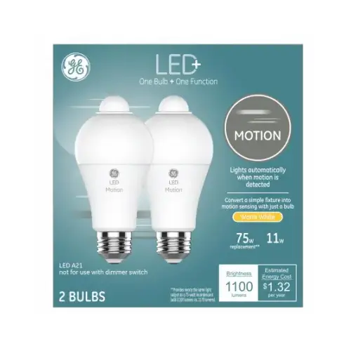 GE Lighting 93129313 LED  Motion-Sensing Light Bulb, Warm White, A21, 1100 Lumens,11-Watts Pair