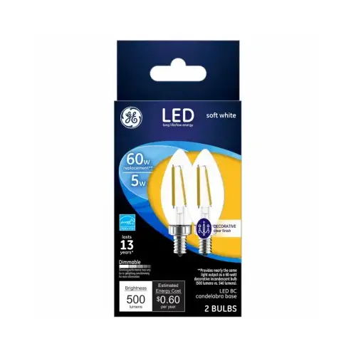 GE Lighting 93129347 Decorative LED Light Bulbs, Soft White, Clear, 500 Lumens, 5-Watts Pair