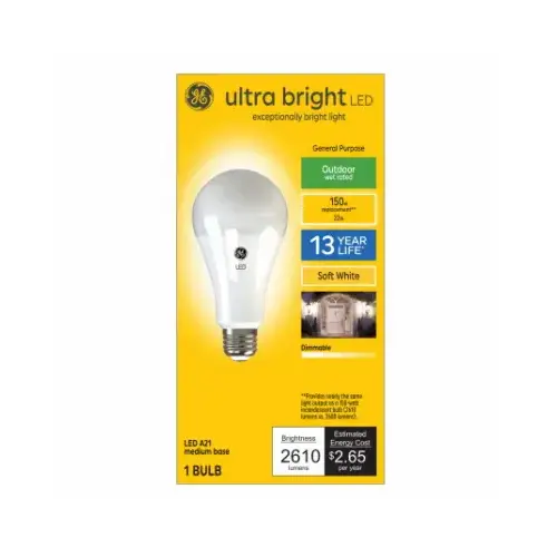 GE Lighting 93129366 Ultra Bright Light Bulb, A23 Lamp, 150 W Equivalent, Medium (E26) Lamp Base, Dimmable, Soft White Light