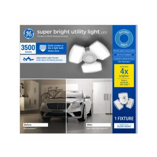 GE Lighting 93129817 LED Super Bright Utility Light Fixture, 3 Adjustable Panels, Medium Base, 3500 Lumens, 35 Watts