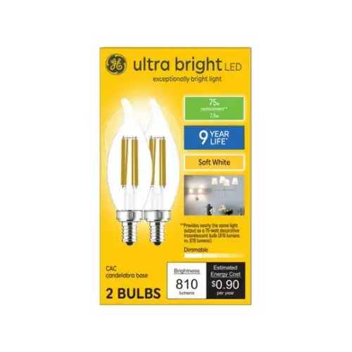 GE Lighting 93130328 LED CAC Decorative Light Bulbs, Candelabra Base, Soft White, Clear, Ultra Bright 7.5-Watts, 2-Pk.