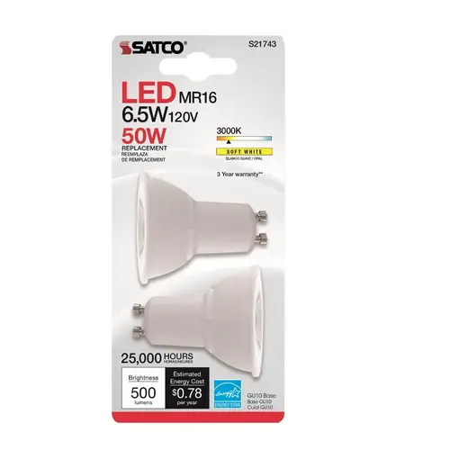 Satco S21743 LED Bulb MR16 GU10 Soft White 50 Watt Equivalence Clear Pair
