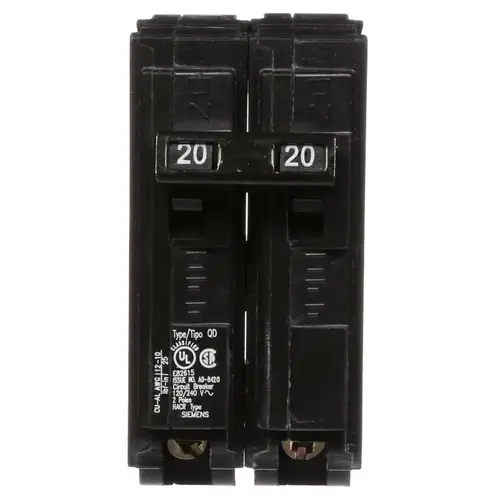 Siemens D220 Circuit Breaker, Low Voltage, QD, 20 A, 2 -Pole, 120/240 VAC, Plug Mounting Black