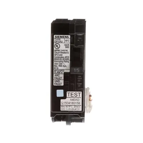 Siemens Q115DF Circuit Breaker, AFCI, GFCI, 15 A, 1 -Pole, 120 V, Instantaneous, Non-Interchangeable Trip, Black