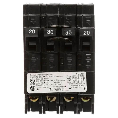 Siemens Q22030CT Triplex 2-Outer 20 Amp Single-Pole and 1-Inner 30 Amp Double-Pole Circuit Breaker Black