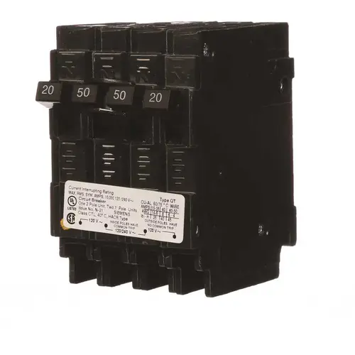 Siemens Q22050CT Triplex 2-Outer 20 Amp Single-Pole and 1-Inner 50 Amp Double-Pole Circuit Breaker Black