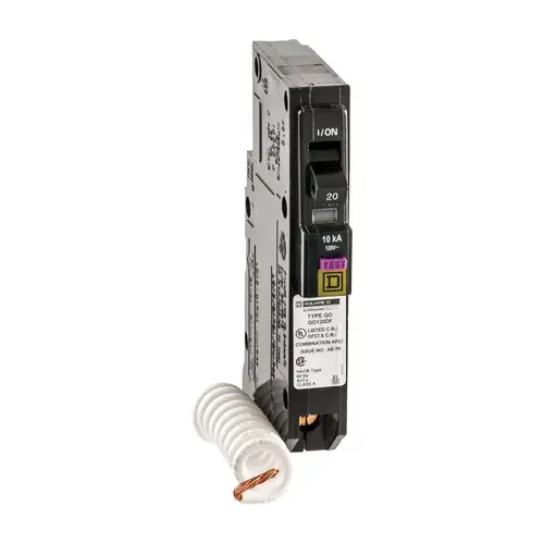 Square D QO120DFC Circuit Breaker, CAFCI, Mini, 20 A, 1 -Pole, 120 V, Plug Mounting