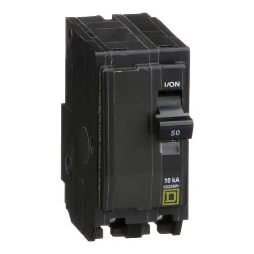 Square D QO250C QO Circuit Breaker, Mini, 50 A, 2 -Pole, 120/240 VAC, 48 VDC, Plug Mounting, Black