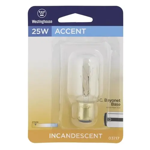 Westinghouse 03717 Incandescent Bulb 25 W T8 Specialty D.C. Bayonet Warm White Clear