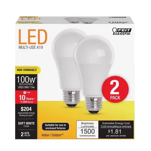 Feit Electric A160082710KLED2 LED Bulb A19 E26 (Medium) Soft White 100 Watt Equivalence Clear Pair