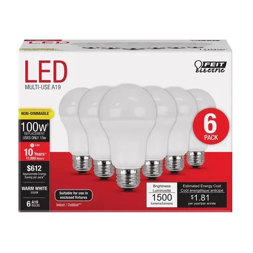 Feit Electric A160083010KLED6 LED Bulb A19 E26 (Medium) Warm White 100 Watt Equivalence Frosted