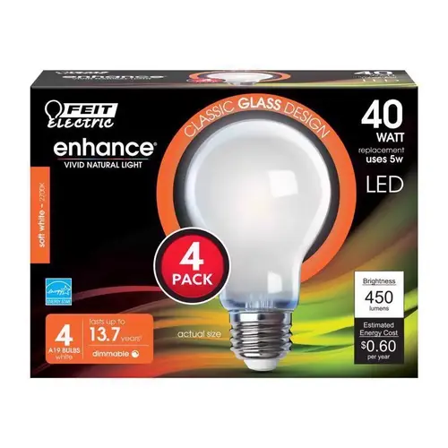Feit Electric A1940/927CAFIL4 LED Bulb, General Purpose, A19 Lamp, 40 W Equivalent, E26 Lamp Base, Dimmable White - pack of 4