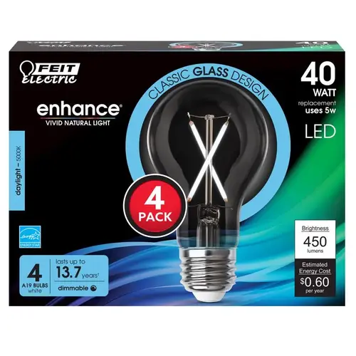 Feit Electric A1940CL950CAFL4 4 Filament LED Bulb, Type A, A19 Lamp, 40 W Equivalent, E26 Lamp Base, Dimmable, Clear - pack of 4