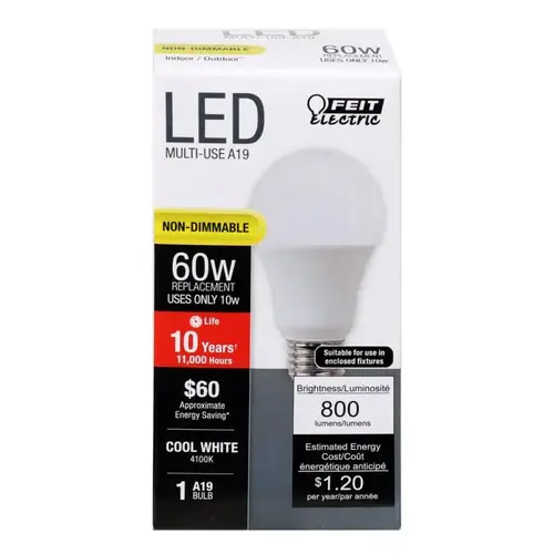 Feit Electric A800/841/10KLED LED Bulb A19 E26 (Medium) Cool White 60 Watt Equivalence Milky