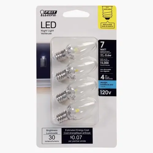 Feit Electric BP7C7/850/LED/4 LED Bulb C7 E12 (Candelabra) Daylight 7 Watt Equivalence Daylight